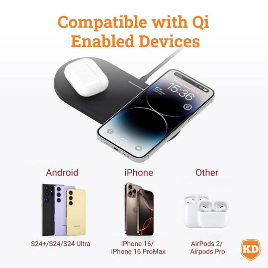 15W 2-in-1 Phone Watch Fast Charging Dock Qi Wireless Charger