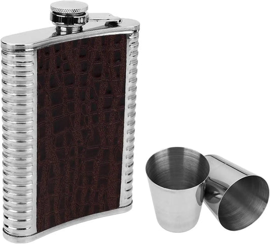 Stainless Steel Hip Flask with Leather Effect 4 Shot Glass and Funnel